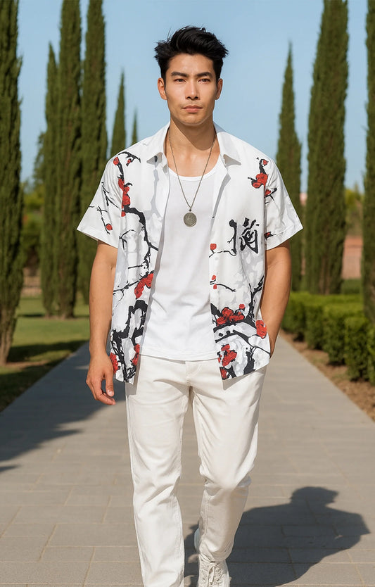 Red Stem and Tree Printed Mens Half Sleeves Shirt