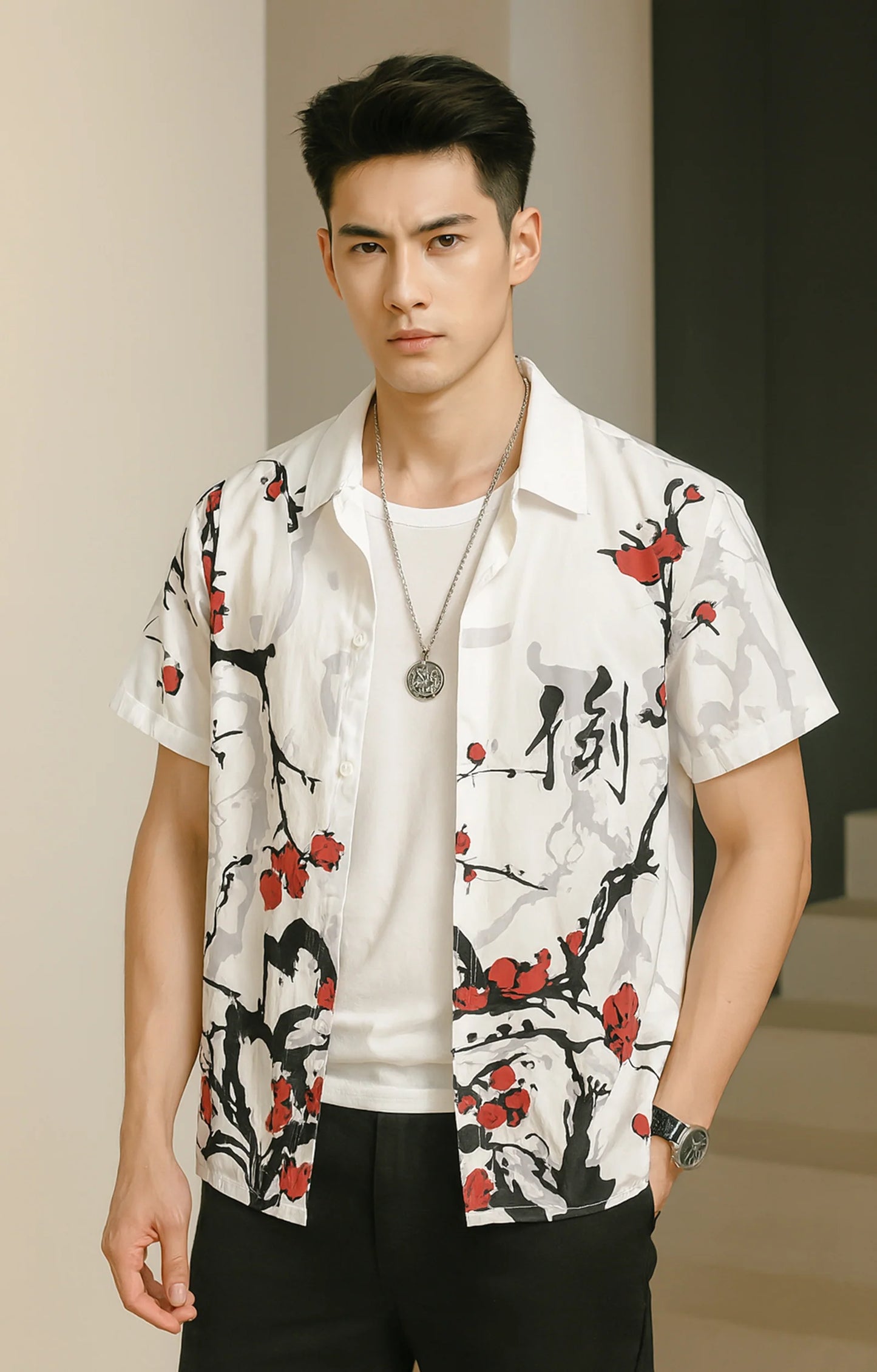 Red Stem and Tree Printed Mens Half Sleeves Shirt