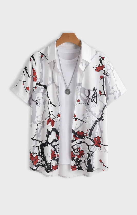 Red Stem and Tree Printed Mens Half Sleeves Shirt