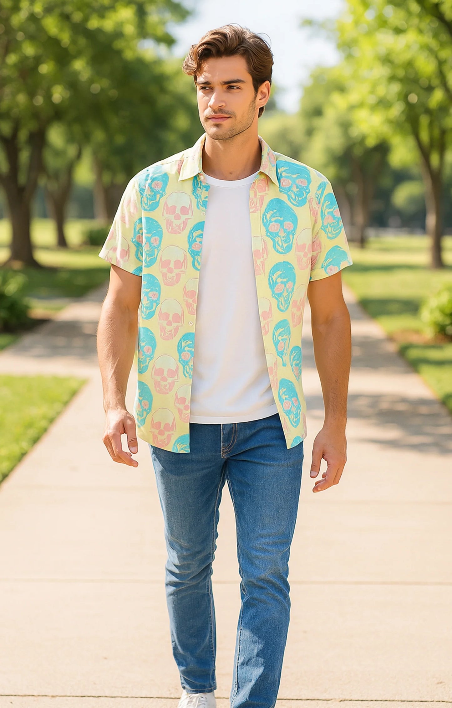 Yellow Skull Printed Mens Half Sleeves Shirt