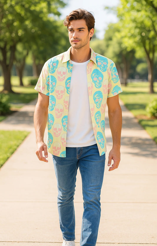 Yellow Skull Printed Mens Half Sleeves Shirt