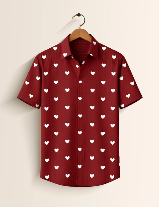 Maroon Ace of Heart Printed Mens Half Sleeves Shirt - XPST