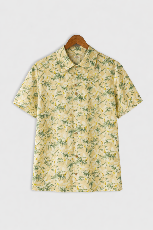 Yellow_Floral Casual short-sleeve button-up shirt - XPST